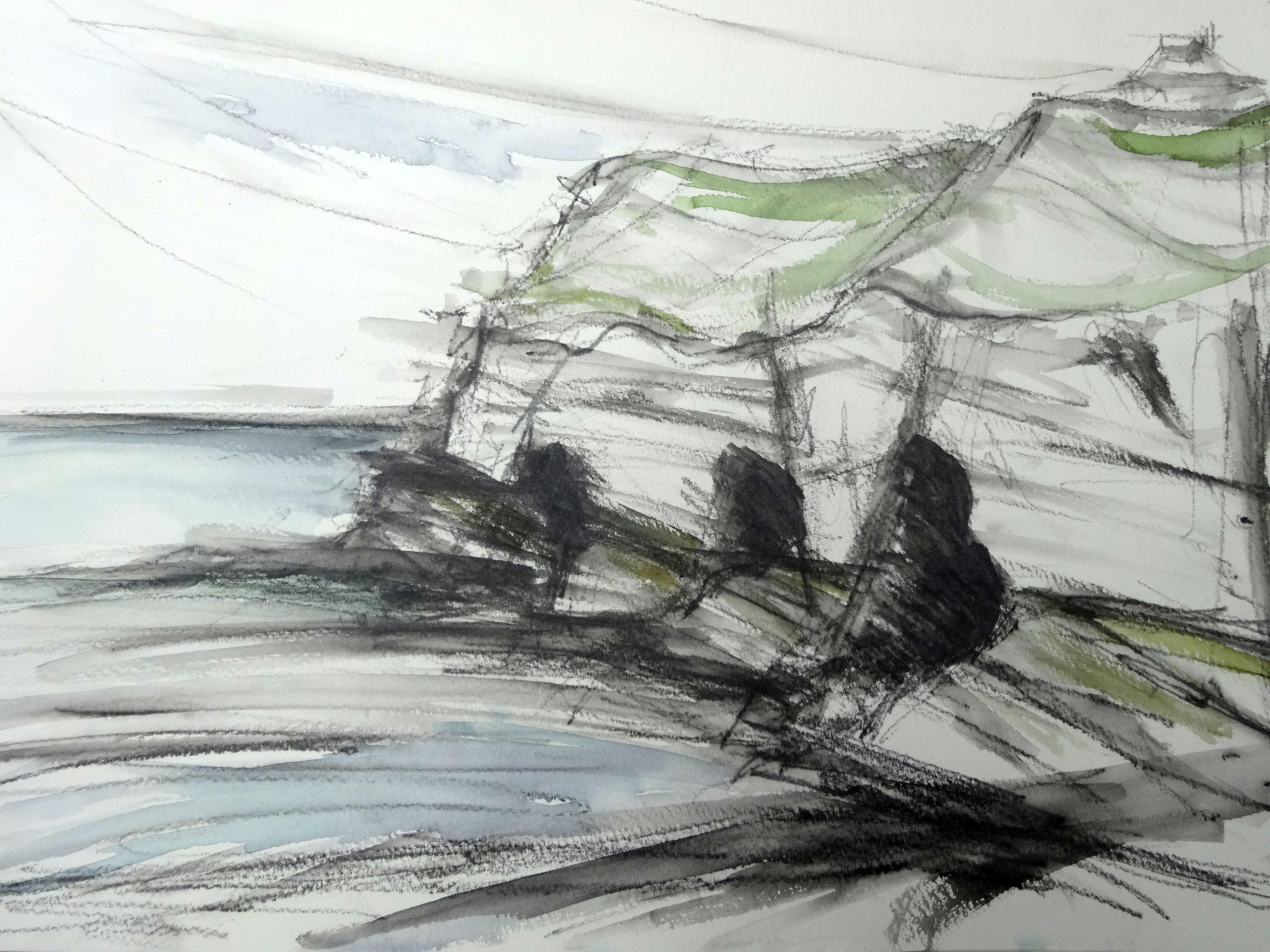 sketch, landscape, watercolour, graphite, sea, cliffs