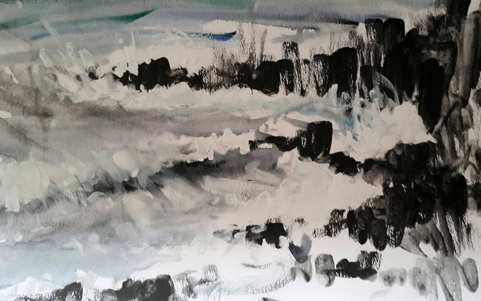 Crashing waves on a windy day. Paint sketch on paper