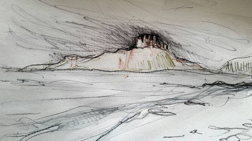Dunstanburgh Castle. Water soluble graphite and watercolour on paper