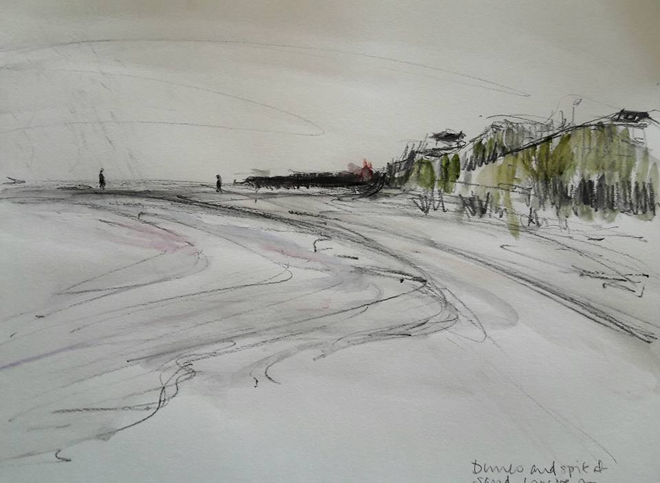Low Newton beach and dunes. Water soluble graphite and watercolour on paper