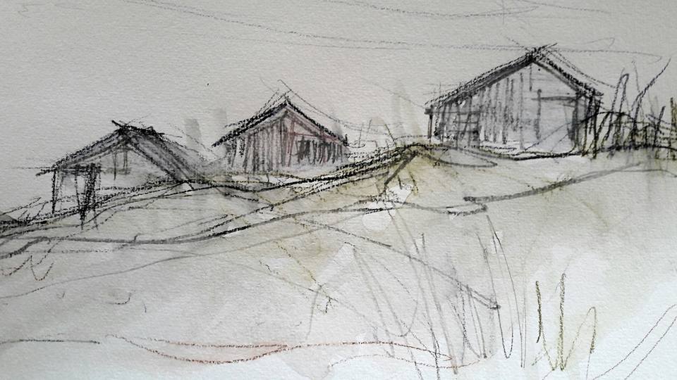 Low Newton beach huts. Water soluble graphite and watercolour on paper