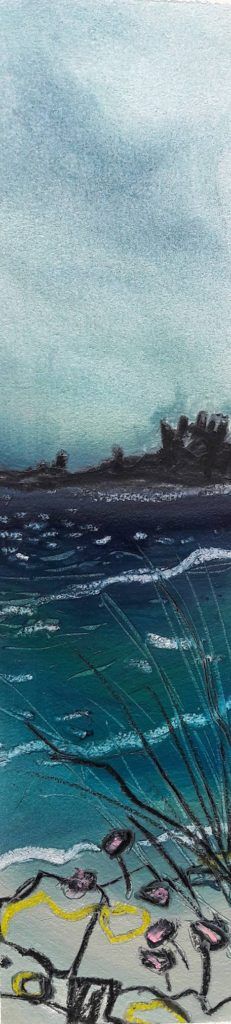 Dunstanburgh Castle - slice through a view. Oil and oil pastel on paper