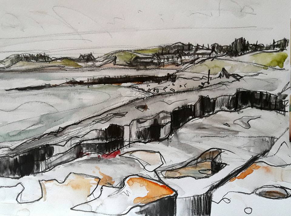 Low Newton village and shore rocks. Water soluble graphite and watercolour on paper