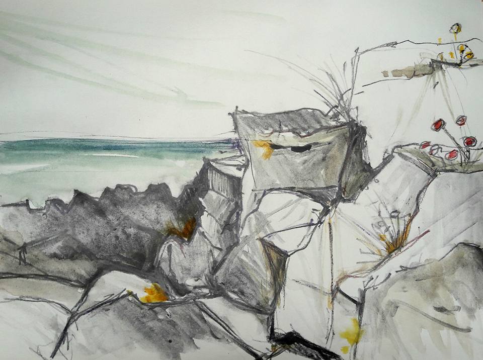 Newton Point shore rocks. Water soluble graphite and watercolour on paper