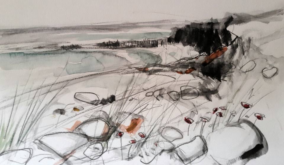 Newton Point with sea thrift and dune grasses. Water soluble graphite and watercolour on paper