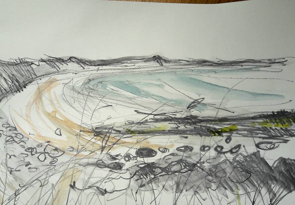 Sweep of Beadnell Bay from dunes. Water soluble graphite and watercolour on paper