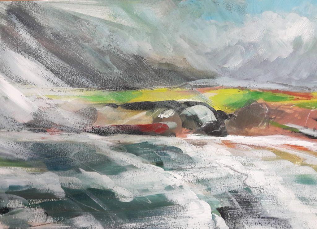I was painting the light hitting the fields on the opposite side of the Cove, but as I did, the weather came in, so I painted that instead!