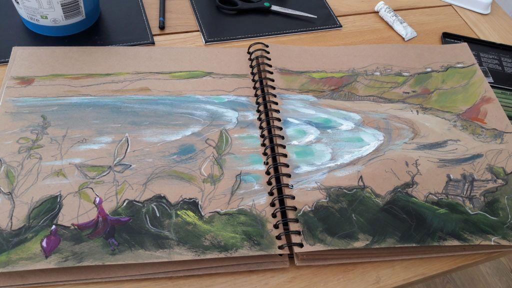 The view from our window across Sennen Cove. I can hear the waves... Acrylic and graphite