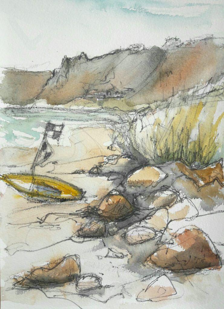 Surfboard and dune grasses on Sennen beach