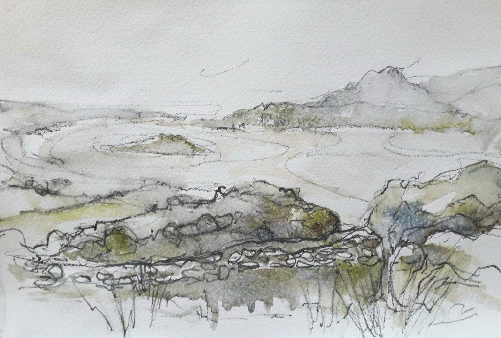 Misty view of estuary and Ynys Gifftan from Llandecwyn Church