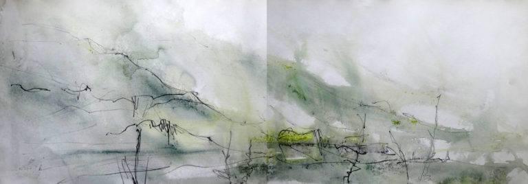 The same view painted plein air in acrylics and graphite on a VERY wet day (can you tell?)! This one gives me what I need in terms of weather and reminds me how the mountains soften in the rain and how the colours change. This is actually one of my favourite plein air paintings of the area