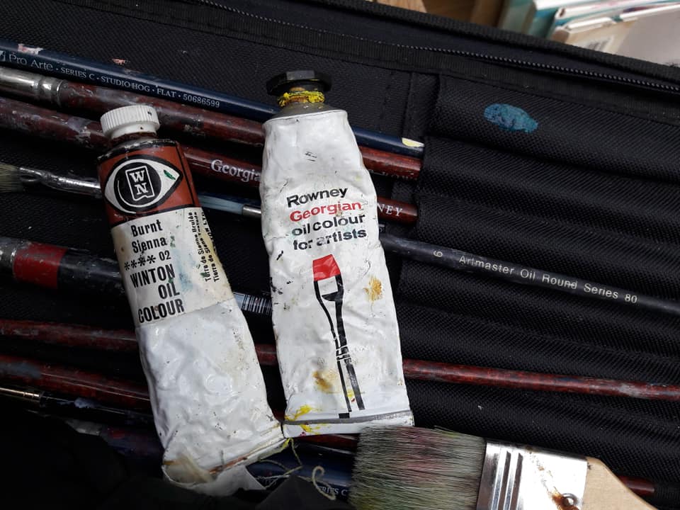 My client's grandmother painted, and I was given some of her oil paints. I'm working the burnt sienna and lemon yellow into the painting
