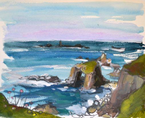 Enys Dodnan - a distinctive rock formation between Lands End and Nanjozal. Longships Lighthouse in the distance