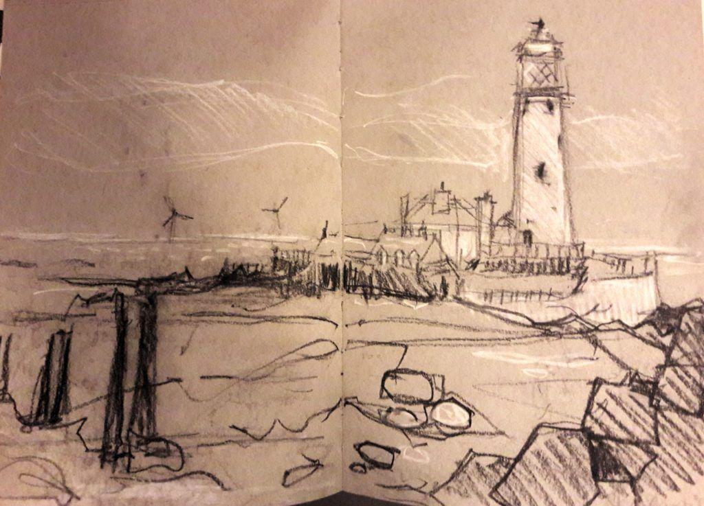 St Mary's Lighthouse, near Whitley Bay, Northumberland. Black charcoal pencil and chalk