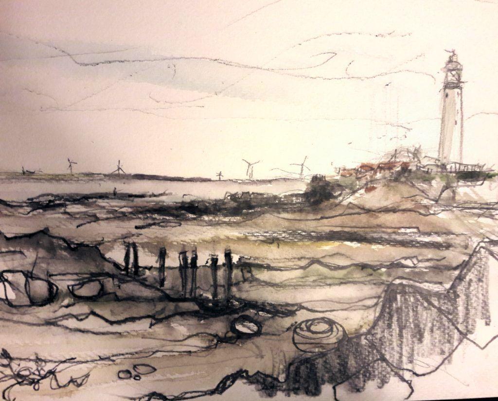 St Mary's Lighthouse, near Whitley Bay, Northumberland. Graphite and watercolour 