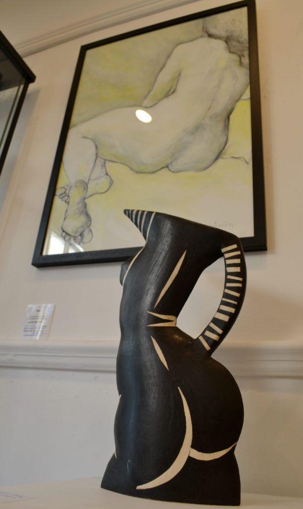 Jude Jelfs ceramic alongside Sam, painting in acrylic and charcoal