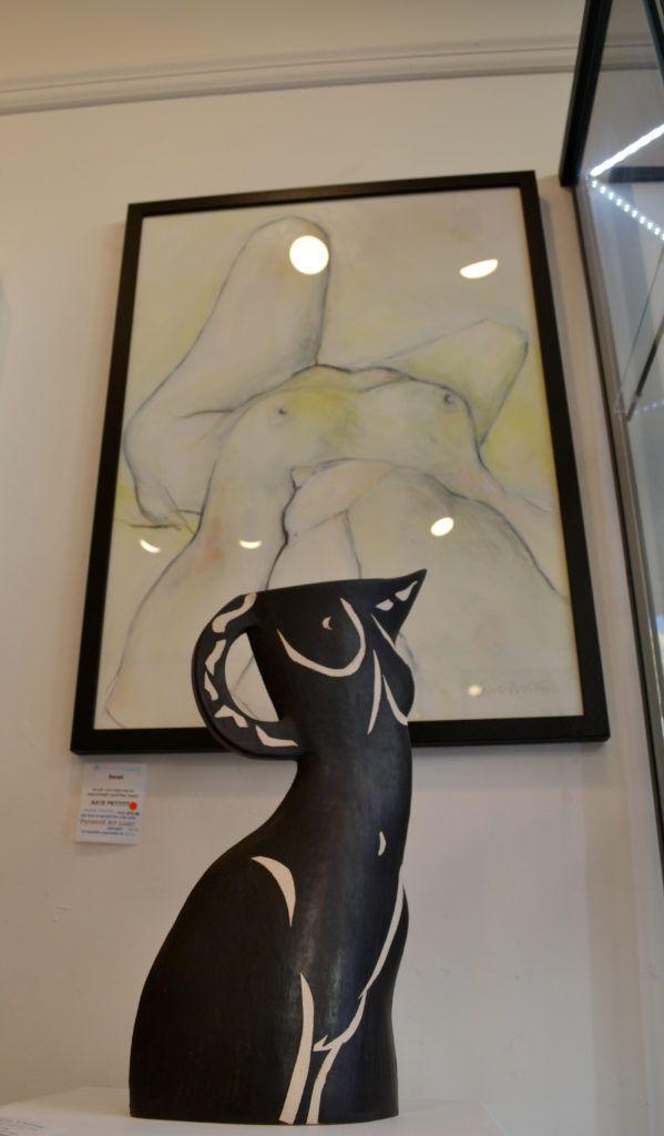 Jude Jelfs ceramic alongside Sarah, painting in acrylic and charcoal