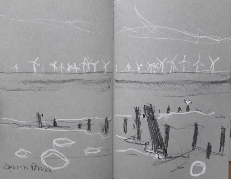 Spurn Point wind turbines. Charcoal and chalk