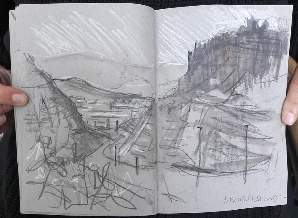 Lightning sketch of slate quarries in Blaenau Ffestiniog, North Wales