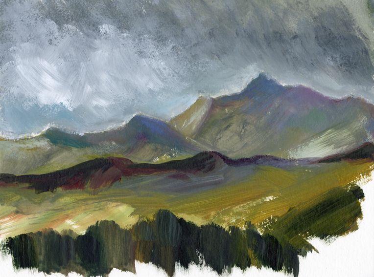 En plein air work on paper. Distant Snowdon, North Wales