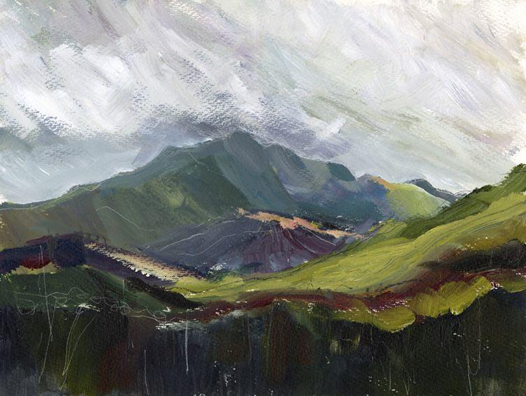 En plein air work on paper. Looking towards the Snowdon range, North Wales