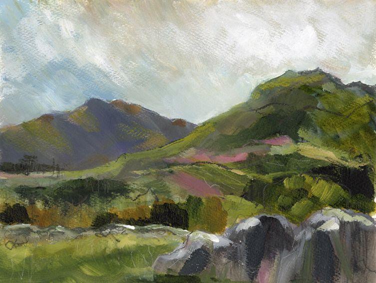 En plein air works on paper. Pink soil and distant hills, North Wales