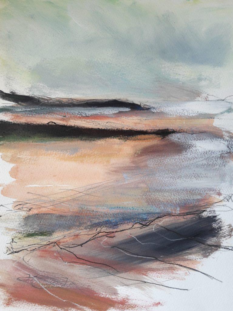 Colour study. Morning. A shift in tide and light conditions. Some directional lines added for reference back in the studio.