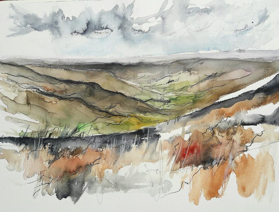 Rosedale, looking down from the north end. Graphite and watercolour on paper