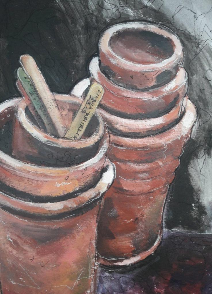 Potting On. Study in acrylic, charcoal and chalk on paper