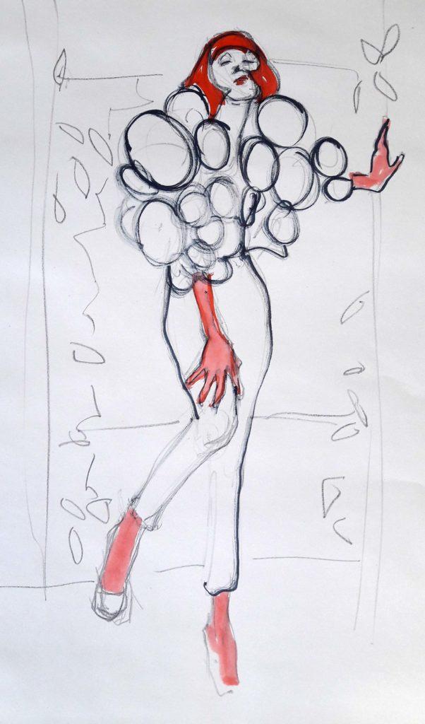 Drawing Cabaret Couture online session. 5-minute pose in graphite and ink (model: Janet Mayer)