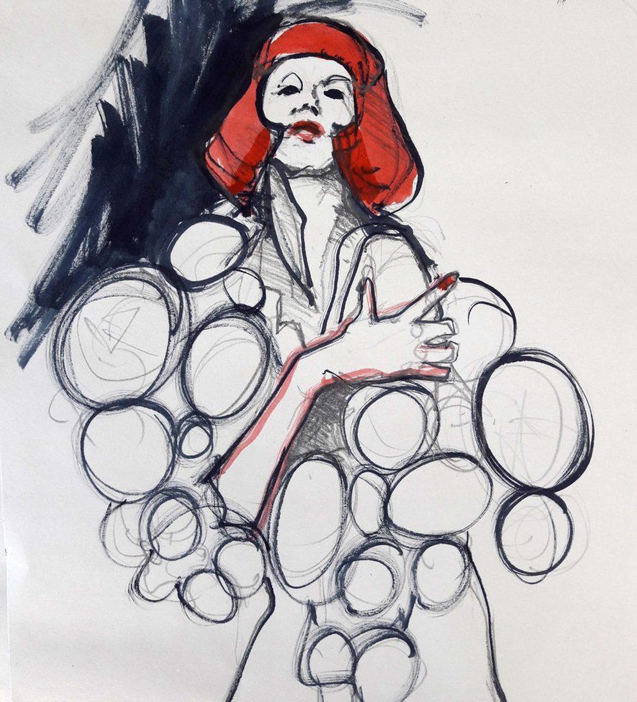 Drawing Cabaret Couture, online session. 10-minute pose in water soluble graphite and ink (model: Janet Mayer, fashion: Mishi May)
