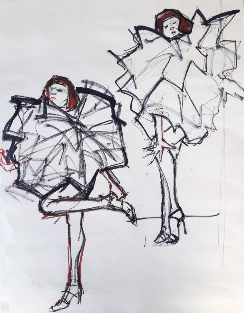 Drawing Cabaret Couture online session. 5-minute poses in graphite, pastel and ink (model: Janet Mayer)