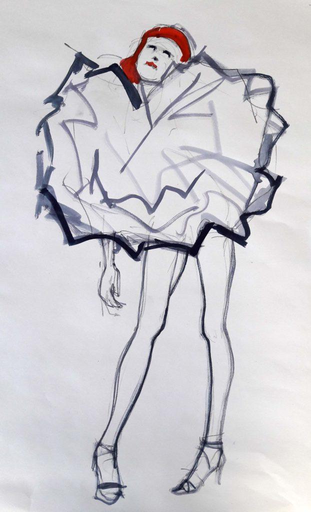 Drawing Cabaret Couture online session. 5-minute pose in graphite and ink (model: Janet Mayer)