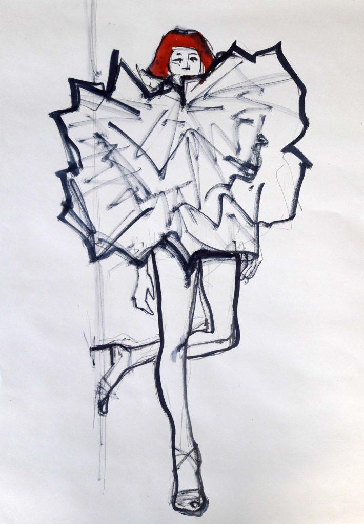 Drawing Cabaret Couture online session. 5-minute pose in graphite and ink (model: Janet Mayer)