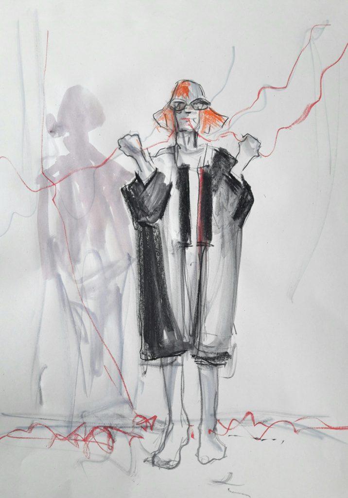 Drawing Cabaret Couture online session. 10-minute pose in graphite and ink (model: Janet Mayer, fashion: IA London)