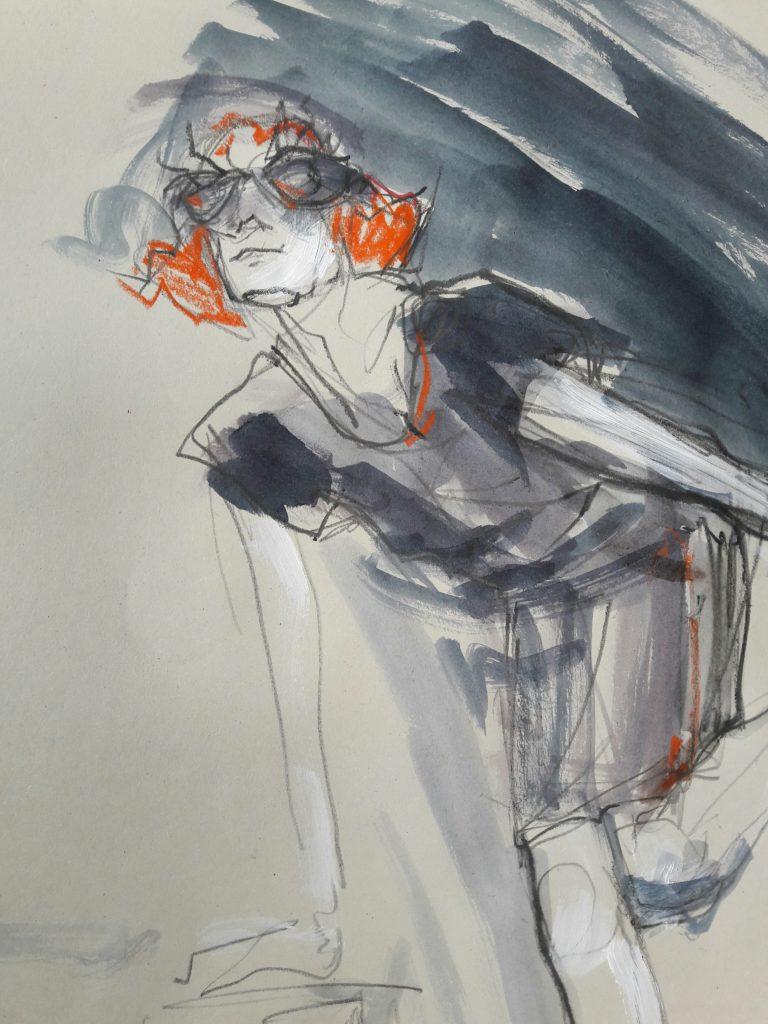 Drawing Cabaret Couture online session. 3-minute pose in graphite and ink (model: Janet Mayer, fashion: IA London)