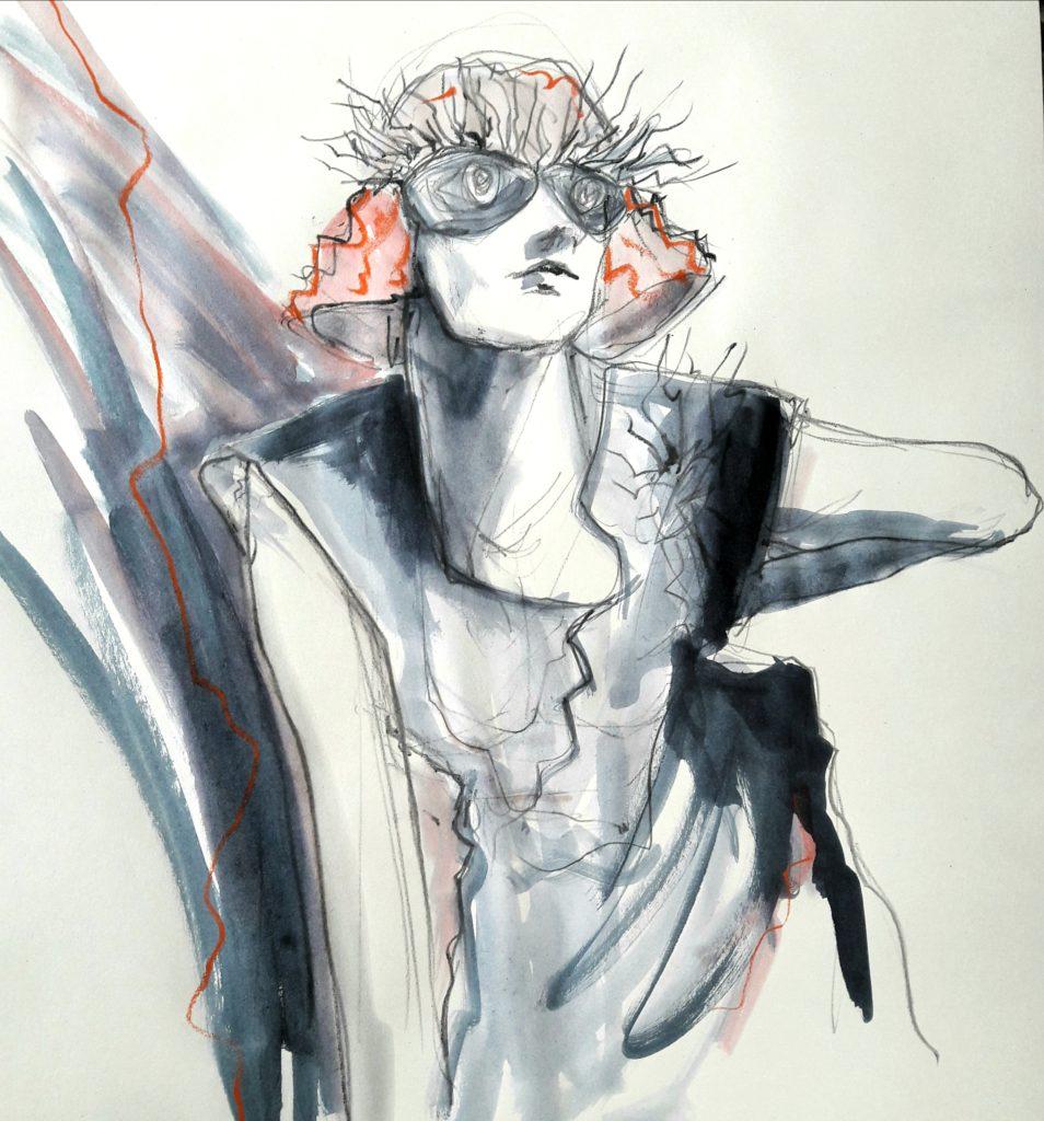 Drawing Cabaret Couture online session. 10-minute pose in graphite and ink (model: Janet Mayer, fashion: IA London)