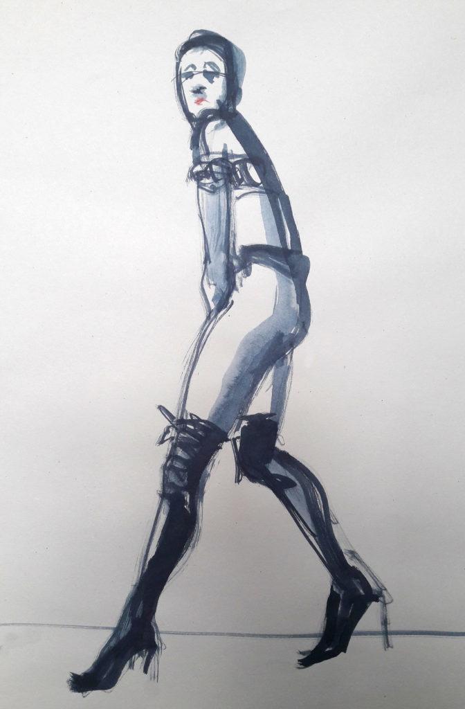 1980s fashion, online session. 3-minute pose in ink. (Model: Ami Benton)