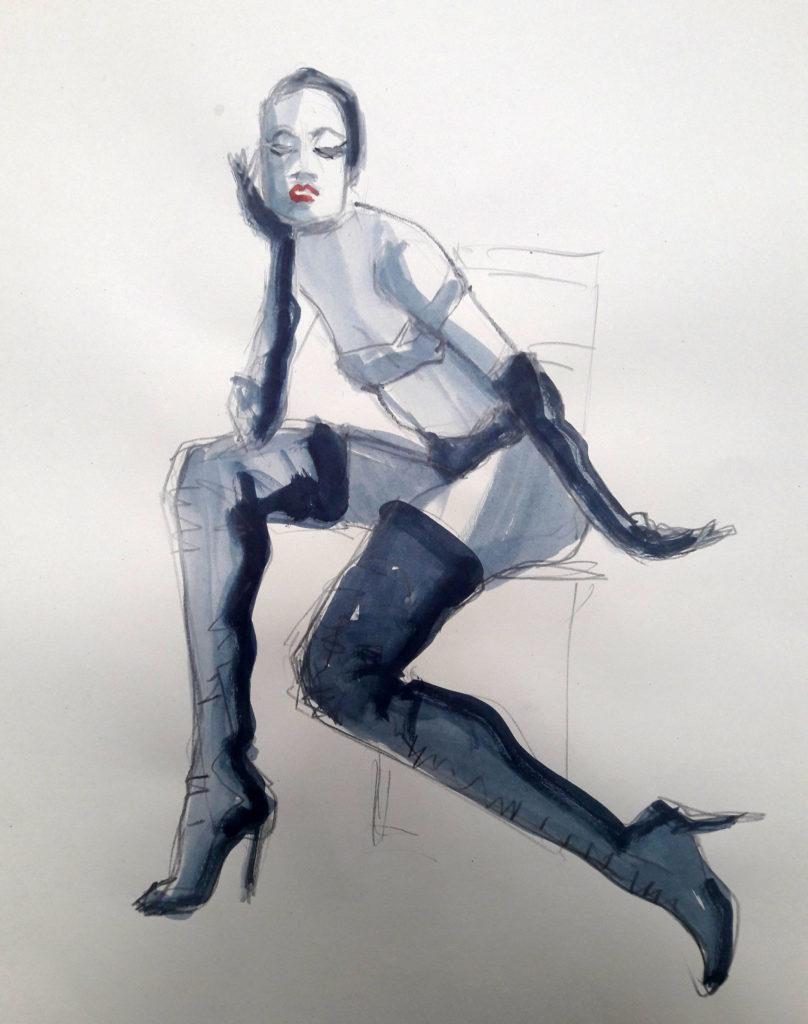 1980s fashion, online session. 5-minute pose in graphite and ink. (Model: Ami Benton)