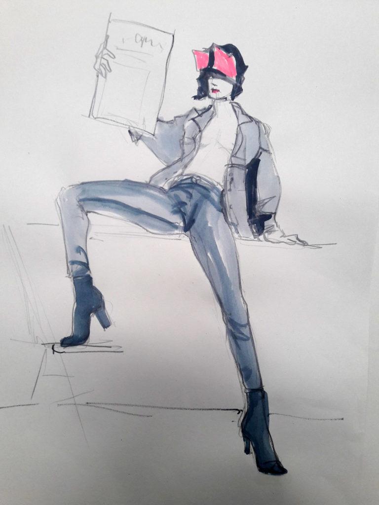 1980s fashion, online session. 10-minute pose in graphite, ink and highlighter pen. (Model: Ami Benton)