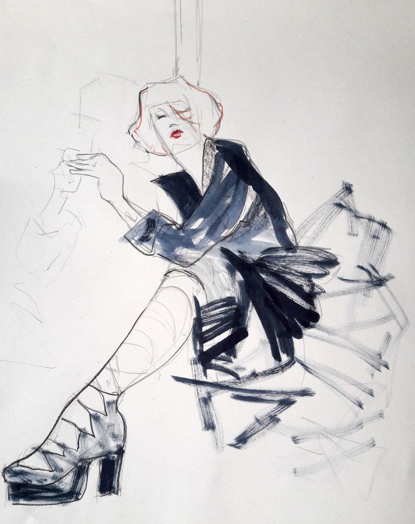Online session with Drawing Cabaret Couture. 10-minute pose in graphite, ink, acrylic and pastel. (Model: Janet mayer, Fashion by Antonia Nae Designs and shoes by Natacha Marro London)
