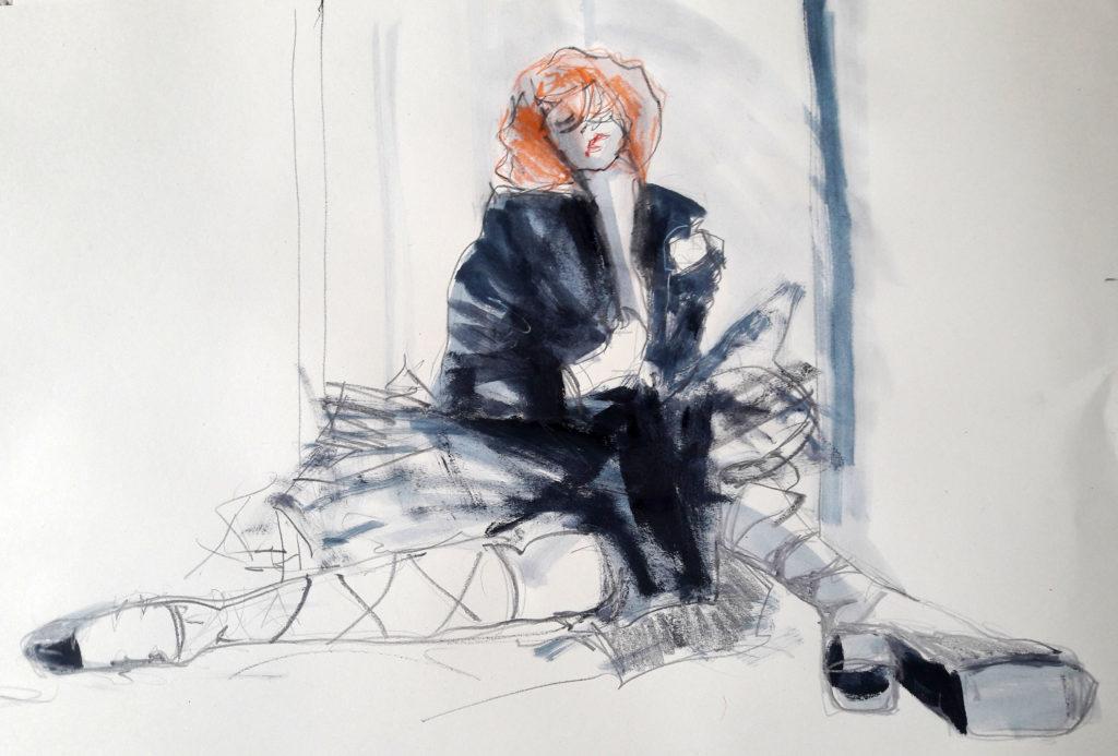 Online session with Drawing Cabaret Couture. 10-minute pose in graphite, ink, acrylic and pastel. (Model: Janet mayer, Fashion by Antonia Nae Designs and shoes by Natacha Marro London)