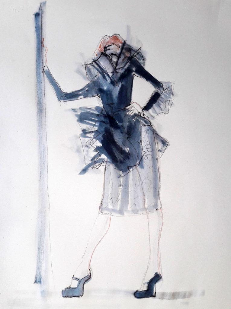 Online session with Drawing Cabaret Couture. 10-minute pose in graphite, ink, acrylic and pastel. (Model: Janet mayer, Fashion by Antonia Nae Designs and shoes by Natacha Marro London)