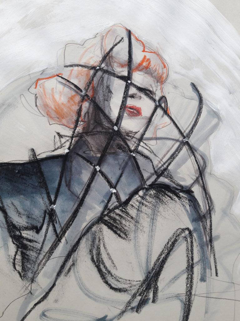 Online session with Drawing Cabaret Couture. 15-minute pose in graphite, ink, acrylic and pastel. (Model: Janet mayer, Fashion by Antonia Nae Designs and shoes by Natacha Marro London)