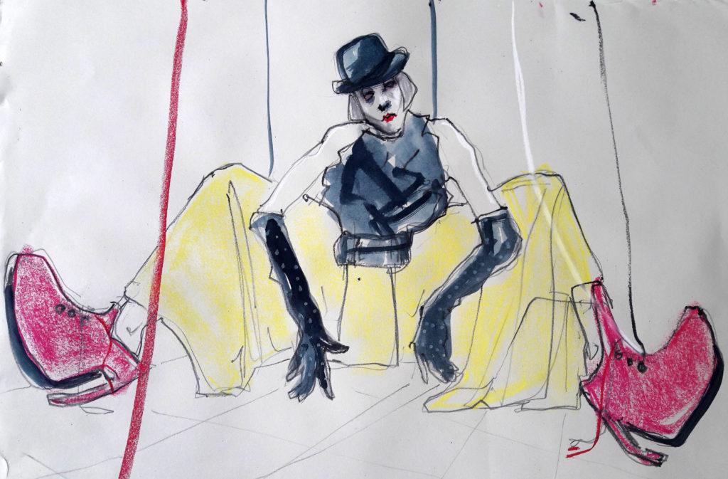 Online session with Drawing Cabaret Couture. 10-minute pose in graphite, ink and pastel. (Model: Janet Mayer, Fashion by Hallava Girl and shoes by Natacha Marro London)