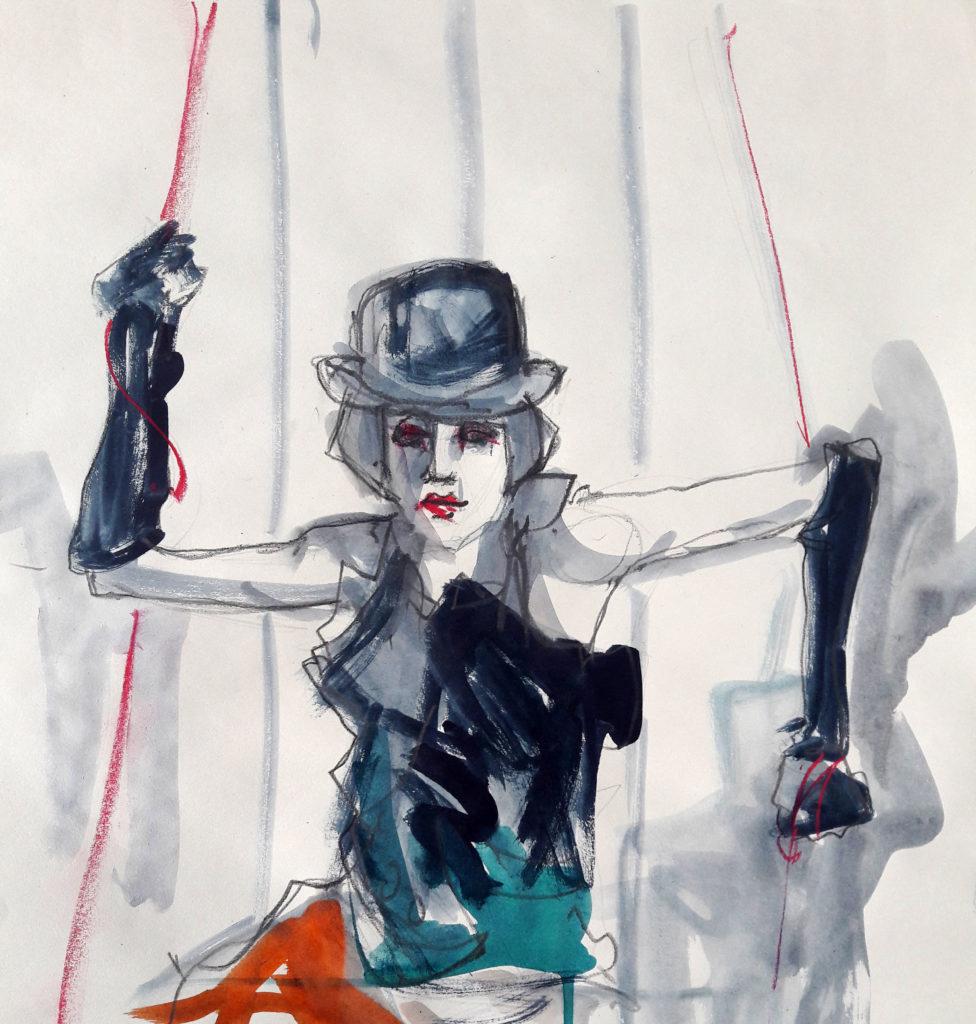 Online session with Drawing Cabaret Couture. 10-minute pose in graphite, ink and pastel. (Model: Janet Mayer, Fashion by Hallava Girl and shoes by Natacha Marro London)