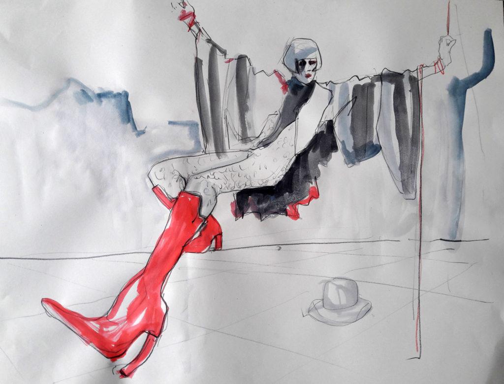 Online session with Drawing Cabaret Couture. 10-minute pose in graphite, ink and pastel. (Model: Janet Mayer, Fashion by Hallava Girl and shoes by Natacha Marro London)