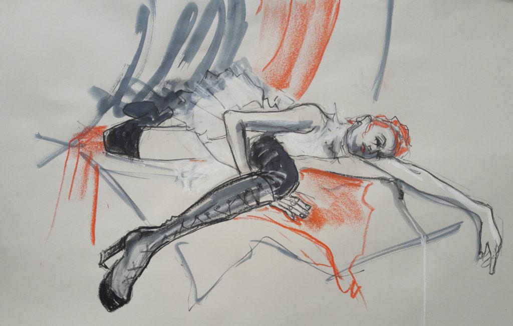 Online session with Drawing Cabaret Couture. 20-minute pose in charcoal, ink and pastel. (Model: Janet Mayer, Sets: Matthew Lawrence, fashion by Robe Sylphide and shoes by Natacha Marro London)