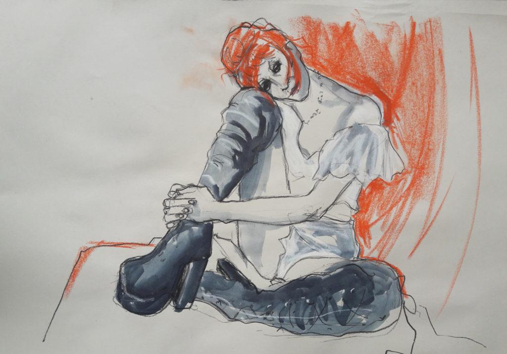 Online session with Drawing Cabaret Couture. 20-minute pose in charcoal, ink and pastel. (Model: Janet Mayer, Sets: Matthew Lawrence, fashion by Robe Sylphide and shoes by Natacha Marro London)
