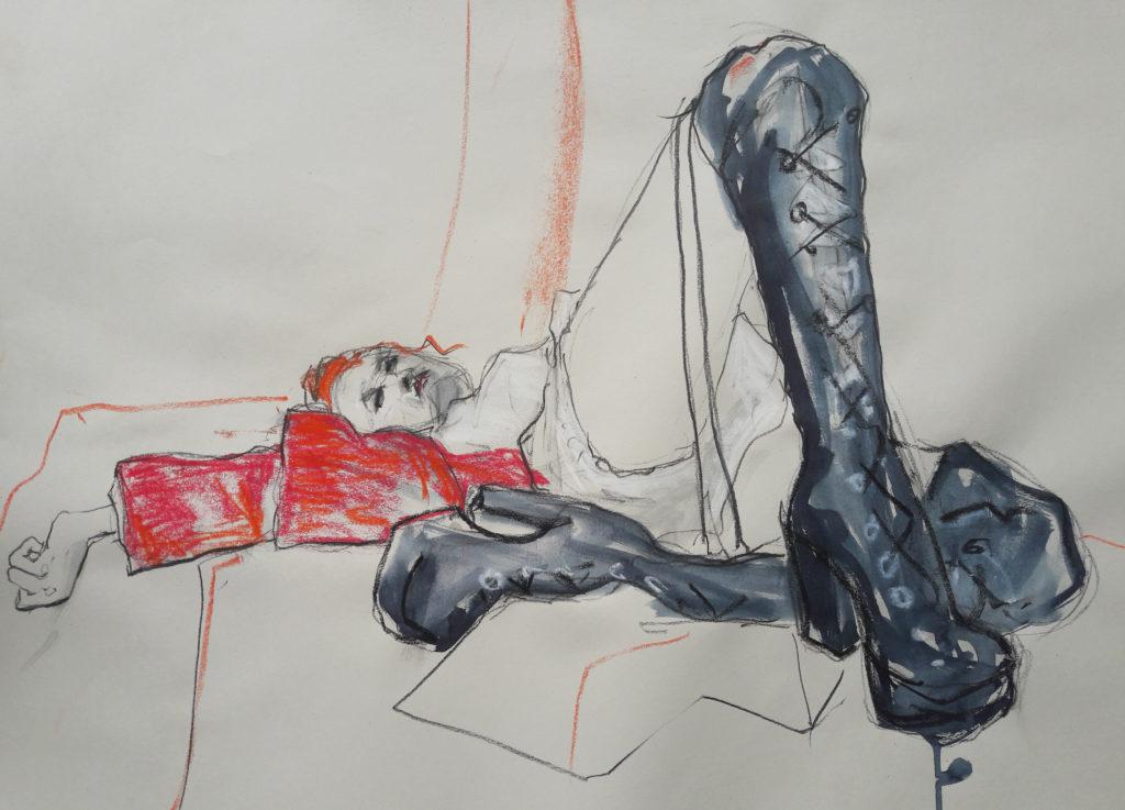 Online session with Drawing Cabaret Couture. 10-minute pose in charcoal, ink and pastel. (Model: Janet Mayer, Sets: Matthew Lawrence, fashion by Robe Sylphide and shoes by Natacha Marro London)